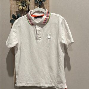 Psycho Bunny Kids Athens Pique Polo T-Shirt White with Striped Collar size 10-12